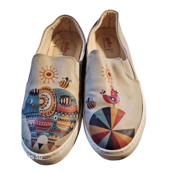 Goby Womens Slip-On Shoes With Elephant & Bird Print Artsy Boho  Fairycore Class - Picture 1 of 8